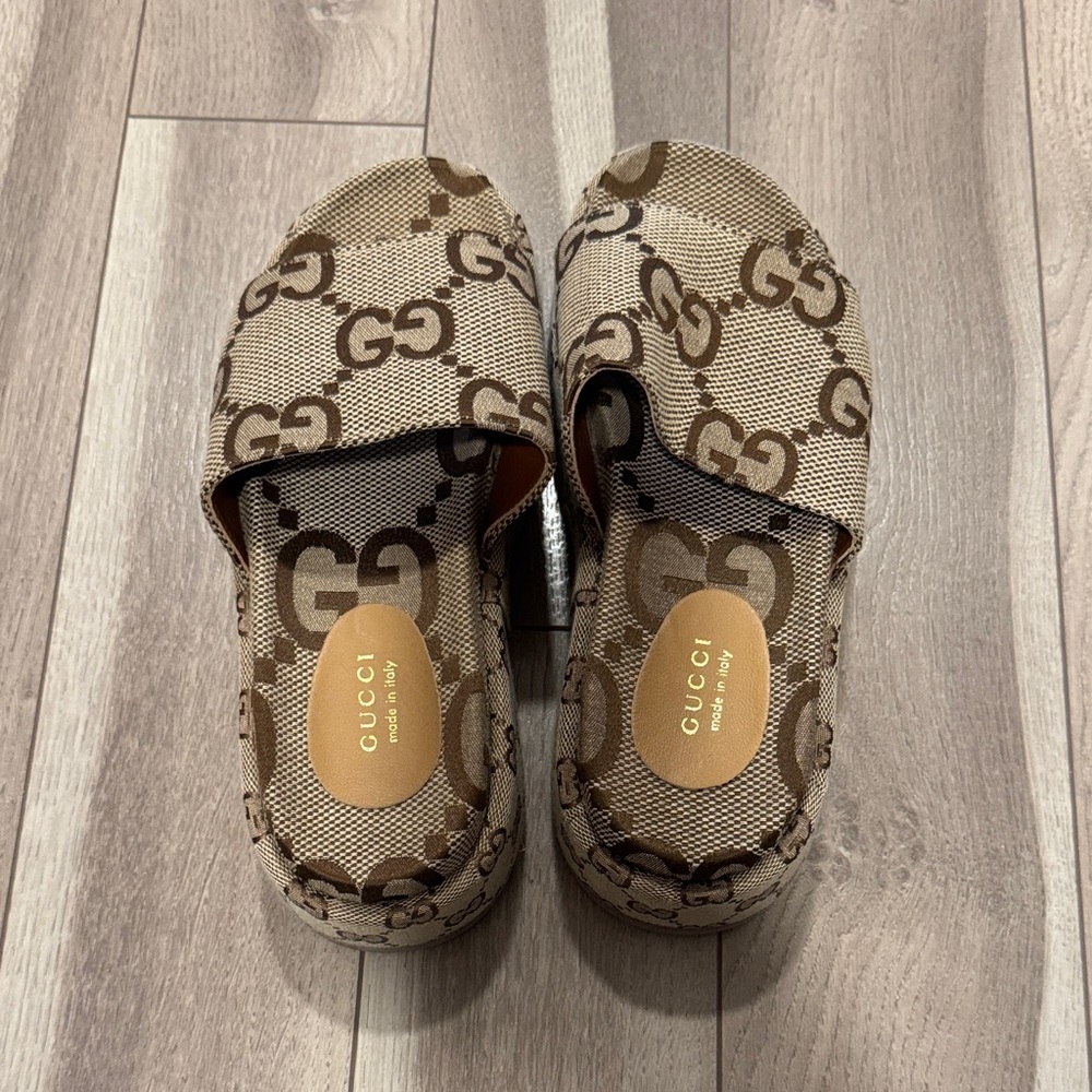 Gucci Beige and Brown GG Canvas Slip-Ons